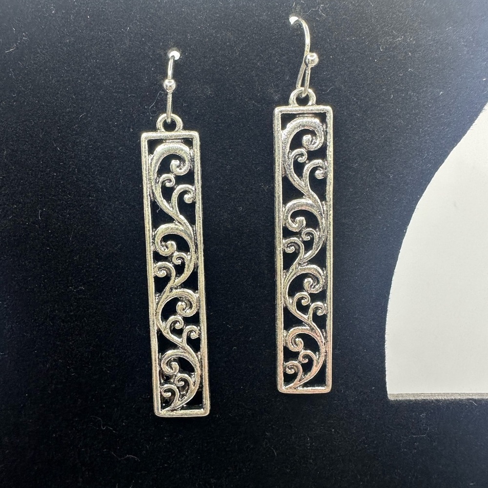 Floral Filigree Bar Earrings, Dangle, Cottagecore, Silver Plated, Boho, Coastal